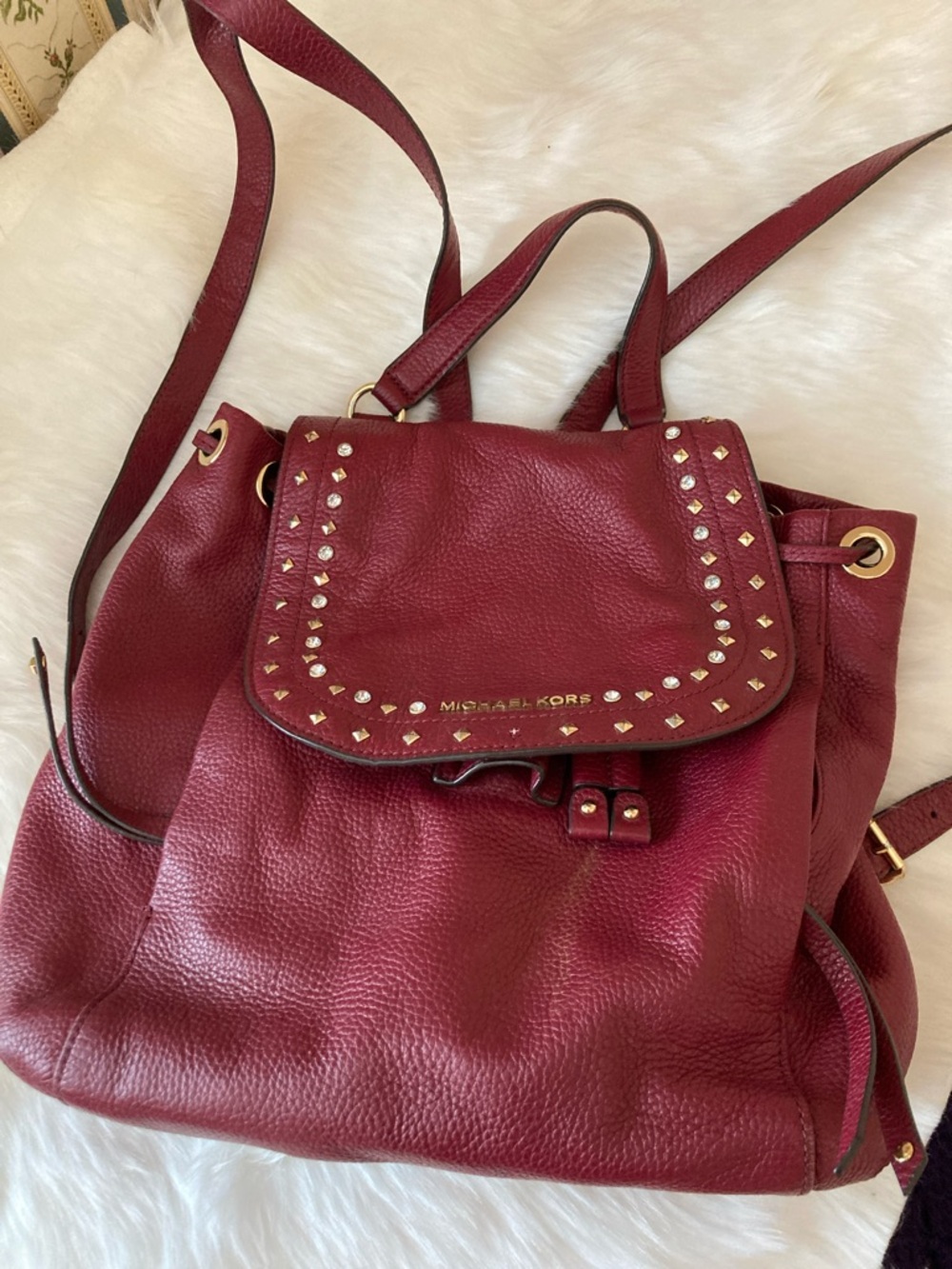 Michael Kors Wine Red Pebbled Leather Studded Backpack
